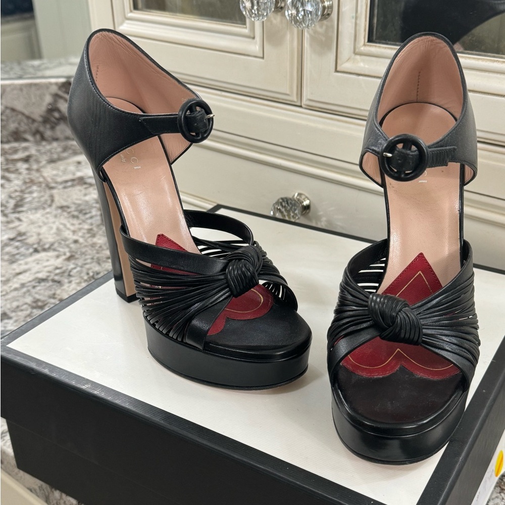Gucci Black Leather Platform Sandals with Red Insole Accent